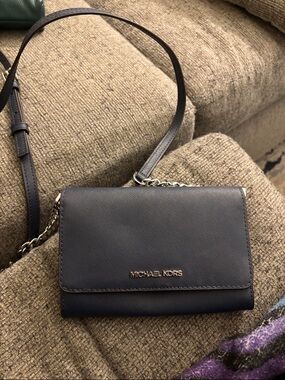Michael Kors Navy Saffiano Crossbody Wallet with silver Hardware